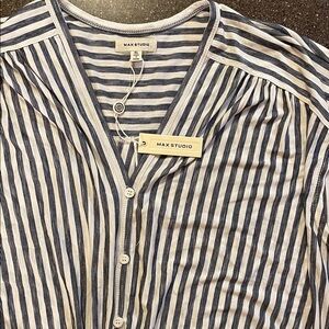 Max Studio Navy and White Striped V-Neck Blouse